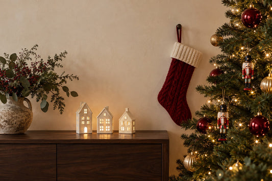 Christmas decor inspiration in red, gold and ivory, with glowing ceramic houses and traditional festive details.
